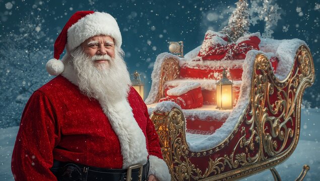 Standing senior Santa Claus watching snow falling on sleigh lanterns in forest at night, copy space - Powered by Adobe