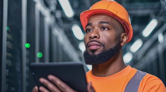 Engineer wearing safety gear inspects data center using digital tablet, highlighting technology, network maintenance, IT infrastructure and industrial precision in a secure environment.