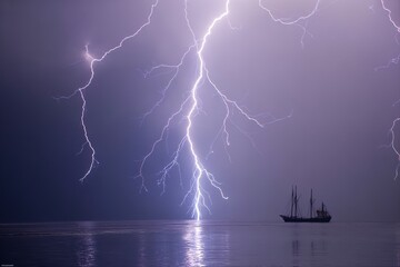ligntning strike at sea with ship nearby. Dangerous journey