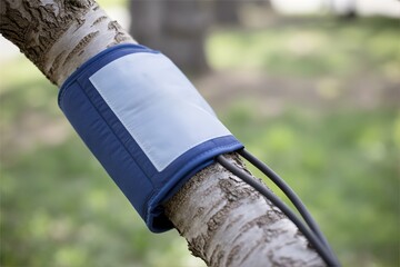 blood pressure cuff around tree branch. Environment health concept