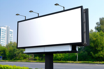 Obraz premium Blank Billboard Mockup with White Screen Beside Greenery and Urban Building. Mock up promotion information for marketing announcements and details, blank white space.