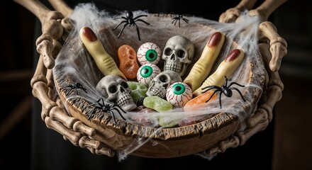 Halloween spooky decoration with skulls and creepy fingers in bowl