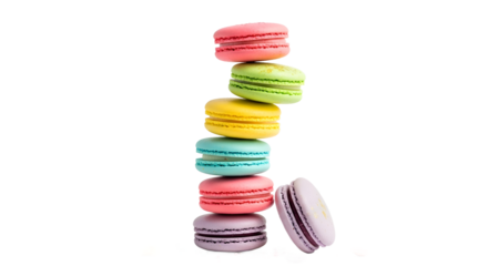 Stacked Colorful Macarons Food Photography, Isolated on White, Studio View, Blue Water Splash Wave Concept
