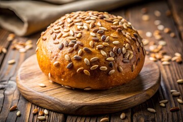 Freshly baked bread roll sprinkled with seeds on a wooden board, closeup shot