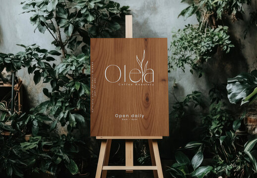 Rustic Cafe Sign Mockup Amidst Greenery PSD