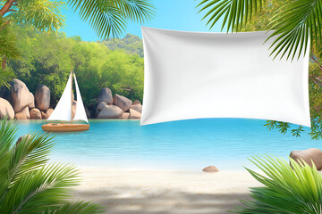 Tropical Beach Banner with Sailboat, Turquoise Water, Palm Trees. Mock up promotion information for marketing announcements and details, blank white space.