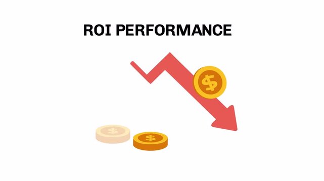 Animated vector illustration of ROI performance with red downward arrow and dollar coins on alpha channel.