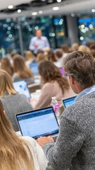 Modern business seminar with participants using laptops. Education, training, digital technology, teamwork, conference, professional development, corporate meeting.