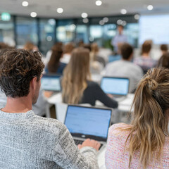 Modern business seminar with participants using laptops. Education, training, digital technology, teamwork, conference, professional development, corporate meeting.
