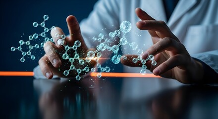 Hands interacting with digital molecular structure in futuristic holographic science interface