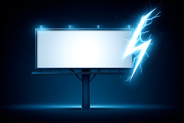Illuminated Billboard with Dynamic Blue Lightning Graphic on Dark Background. Mock up promotion information for marketing announcements and details, blank white space.