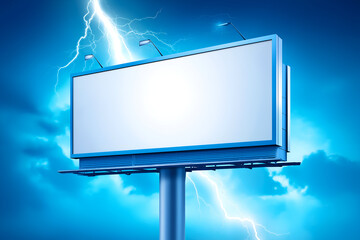 Blank White Billboard Against Dramatic Blue Lightning Sky. Mock up promotion information for marketing announcements and details, blank white space.