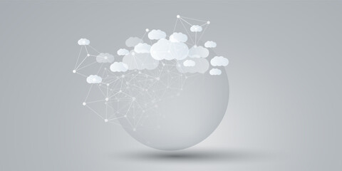 Grey and White Cloud Computing Design Concept with Simple Solid Globe and Clouds - Digital Polygonal Network Connections, Technology Background, Minimalist Vector Template