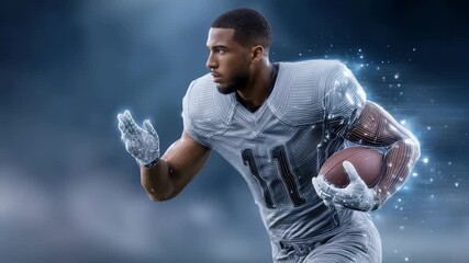 Futuristic American football player rendered in a digital style, showcasing athleticism and energy. The glowing effects and motion blur emphasize speed and modern sports technology - Powered by Adobe