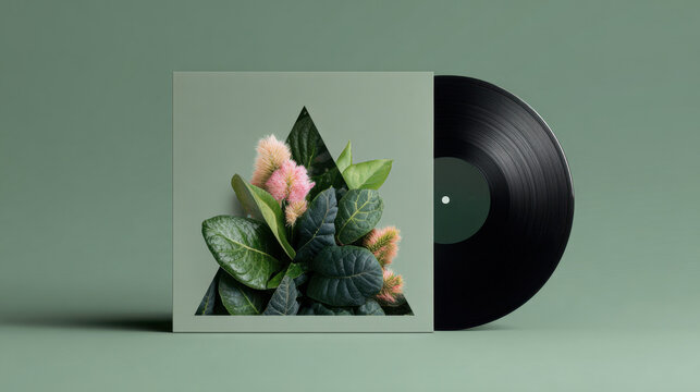 Modern vinyl record with a minimalist cover design: triangle filled with green plants on a pastel green background. Concept of nature and music fusion.