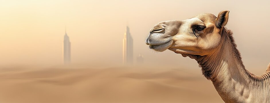 A lone camel stands gracefully against Dubai's skyscrapers, merging tradition with the vibrant skyline at dusk - Powered by Adobe