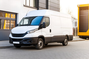Clean White Cargo Van Parked on Gray Pavement by Modern Building. Mock up promotion information for marketing announcements and details, blank white space.