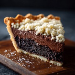 Chocolate pie slice with a crumbly topping served on a wooden board in a dimly lit setting