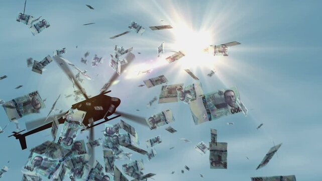 Belize money Belizean dollars banknotes helicopter money dropping. BZD 100 notes abstract 3d concept of inflation, money printing, finance, economy, crisis and quantitative easing.