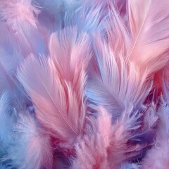 Fototapeta premium Soft pastel feathers in shades of pink and blue create a delicate and artistic background texture for creative projects