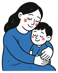 Mother Hugging Son – Loving Family Moment, Emotional Connection, Hand-Drawn Minimal Vector Illustration