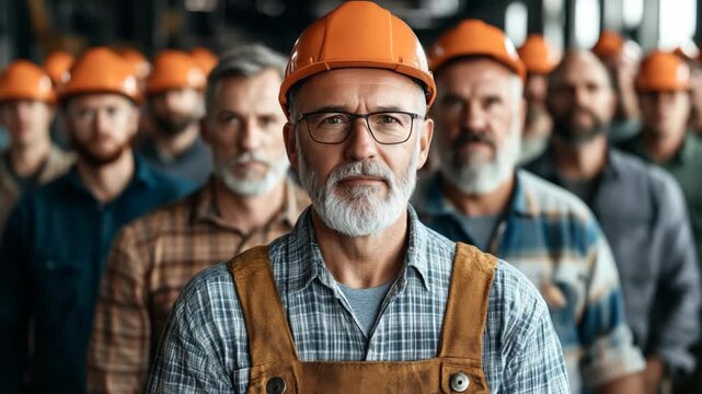 group of  industrial worker in different age serious looking at camera at factory