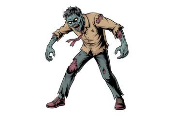 Fototapeta premium Grotesque undead figure with decaying skin and tattered clothing, embodying horror and decay.