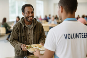 Volunteer serving food to a man in a homeless shelter cafeteria. Concept of charity, social support, kindness, and helping those in need.