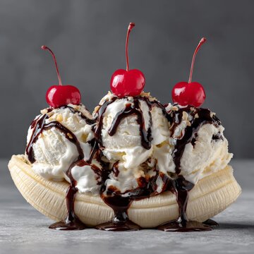 Delicious banana split topped with whipped cream and cherries served on a gray background