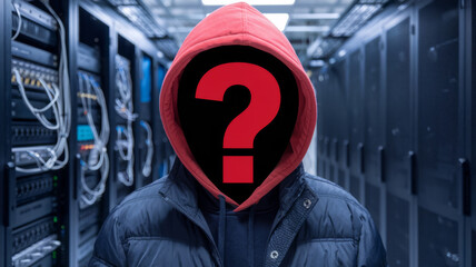 Anonymous figure in a red hood with a question mark for a face stands in a server room.