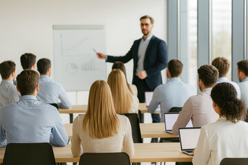 Modern business seminar with participants using laptops. Education, training, digital technology, teamwork, conference, professional development, corporate meeting.