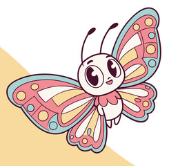 Cute smiling cartoon butterfly soft pastel colors happy whimsical design flying on breeze