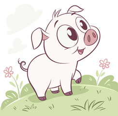Fototapeta premium A joyful cartoon piglet with big eyes stands on a green grassy hill outdoors.Isolated transparent background ( include cut-out PNG file ).