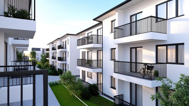 Modern white apartment building showcasing elegant design with a black balcony railing against a bright blue sky in a serene neighborhood setting