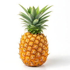 Fototapeta premium Fresh Ripe Pineapple with Spiky Yellow Skin and Green Leaves on White Background