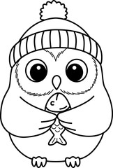 Cute Cartoon Owl in Hat Holding a Fish Line Art
