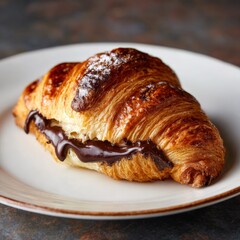 Freshly baked chocolate croissant served on a white plate in a cozy cafe setting