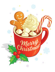 A cute Christmas mug with chocolate, marshmallows, whipped cream, gingerbread, and a candy cane and holly. Vector illustration.