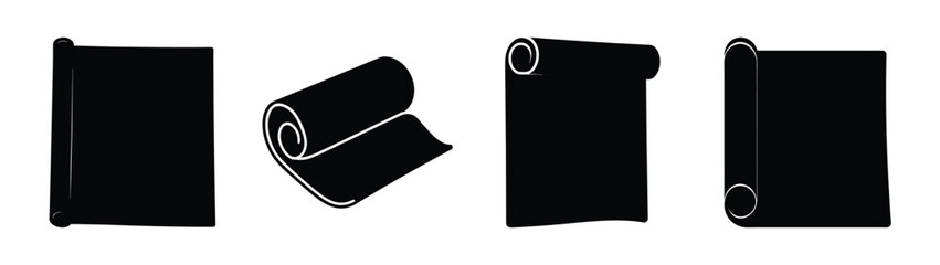 Collection of four black yoga mats showing different states of rolled and unrolled forms