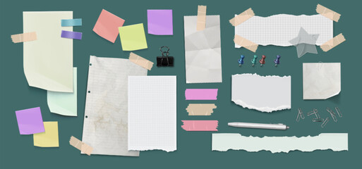 Notebook papers, stickers and adhesive tapes for collage and scrapbook design. White clean and dirty white and grid notepad pages, colorful memo sheets with pen and binder, paperclips and pins