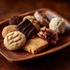 Fototapeta premium Variety of homemade cookies arranged on a wooden plate in a cozy kitchen setting