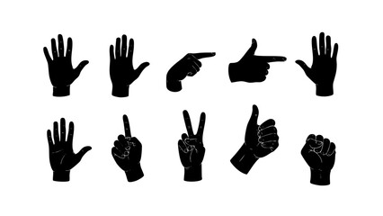 A collection of black silhouette hand gestures including pointing, thumbs up, peace sign, and open palm. Vector illustration icon set