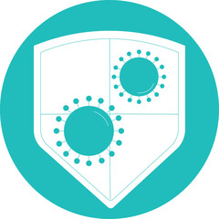 Medical Shield Protecting Against Viral Infection With Two Cartoonish Coronavirus Particles Inside a Teal Circle Against Transparent Background