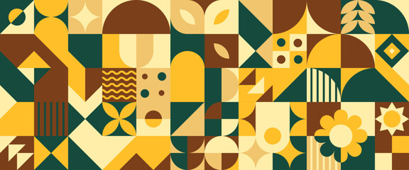 Bauhaus geometric composition with plant motifs in yellow, green and brown colors. Abstract modernist pattern with flowers and leaves elements in grid layout for retro design decorative background.
