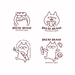 Charming cat bakery logo set featuring an adorable cat mascot holding bread and kneading dough. Brown monoline illustration for artisanal bakery branding and cafe identity.