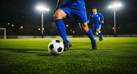 Naklejka premium A soccer player in blue uniform dribbles the ball on a green field under bright stadium lights.