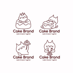 Charming cake logo set featuring cute cat mascots hugging cakes and sitting inside desserts. Brown monoline illustration for pastry shop branding and dessert identity.