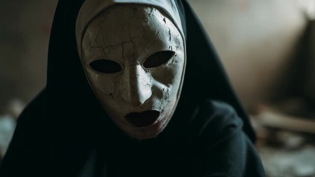 scarry horror mood, close up face of a nun wearing wood mask 