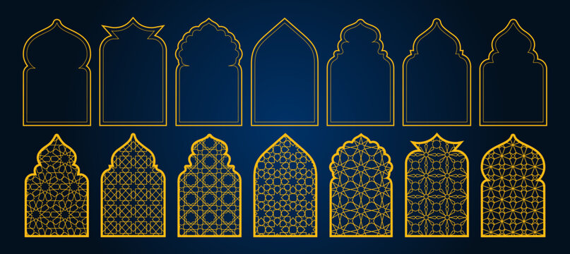 Ramadan ornament set with golden arch frames in various traditional styles. Islamic geometric patterns in decorative windows for holiday greeting cards and cultural event backgrounds on deep blue.