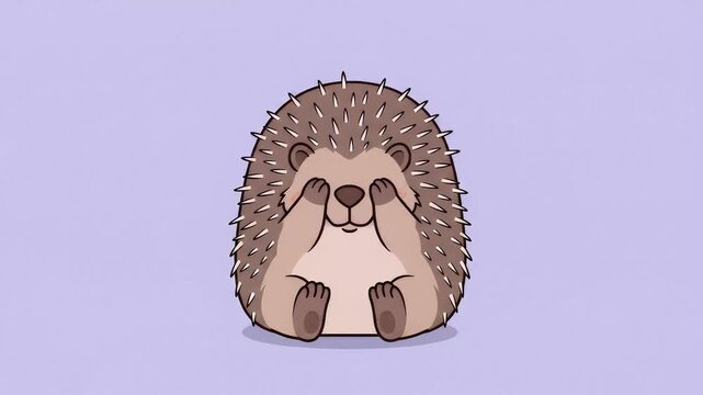 Cute cartoon hedgehog covering eyes shyly